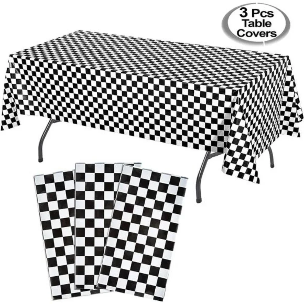 Black Checkered Tablecloth Plastic|3 Pcs Pack -54” Wide x108” Long|Black & White